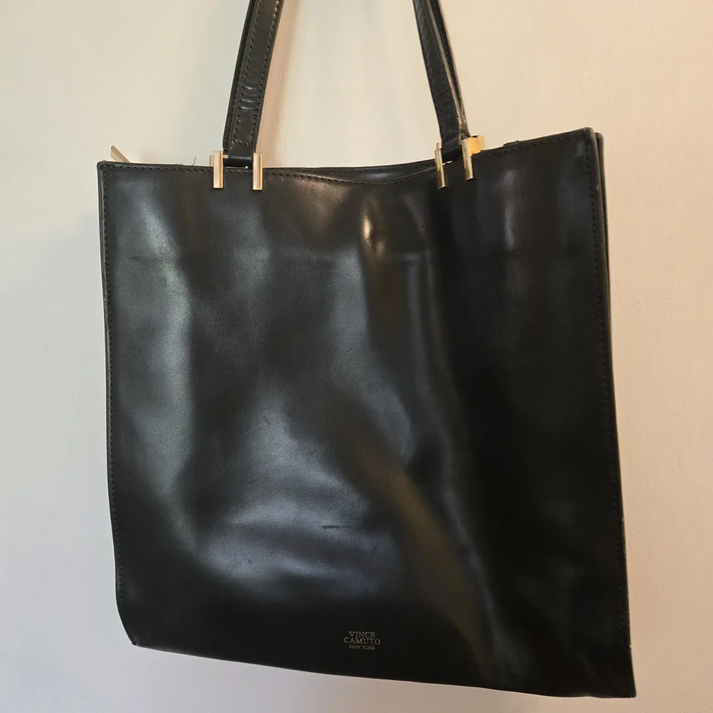 Black Leather Tote Bag with Gold Accent - Picture 3 of 13